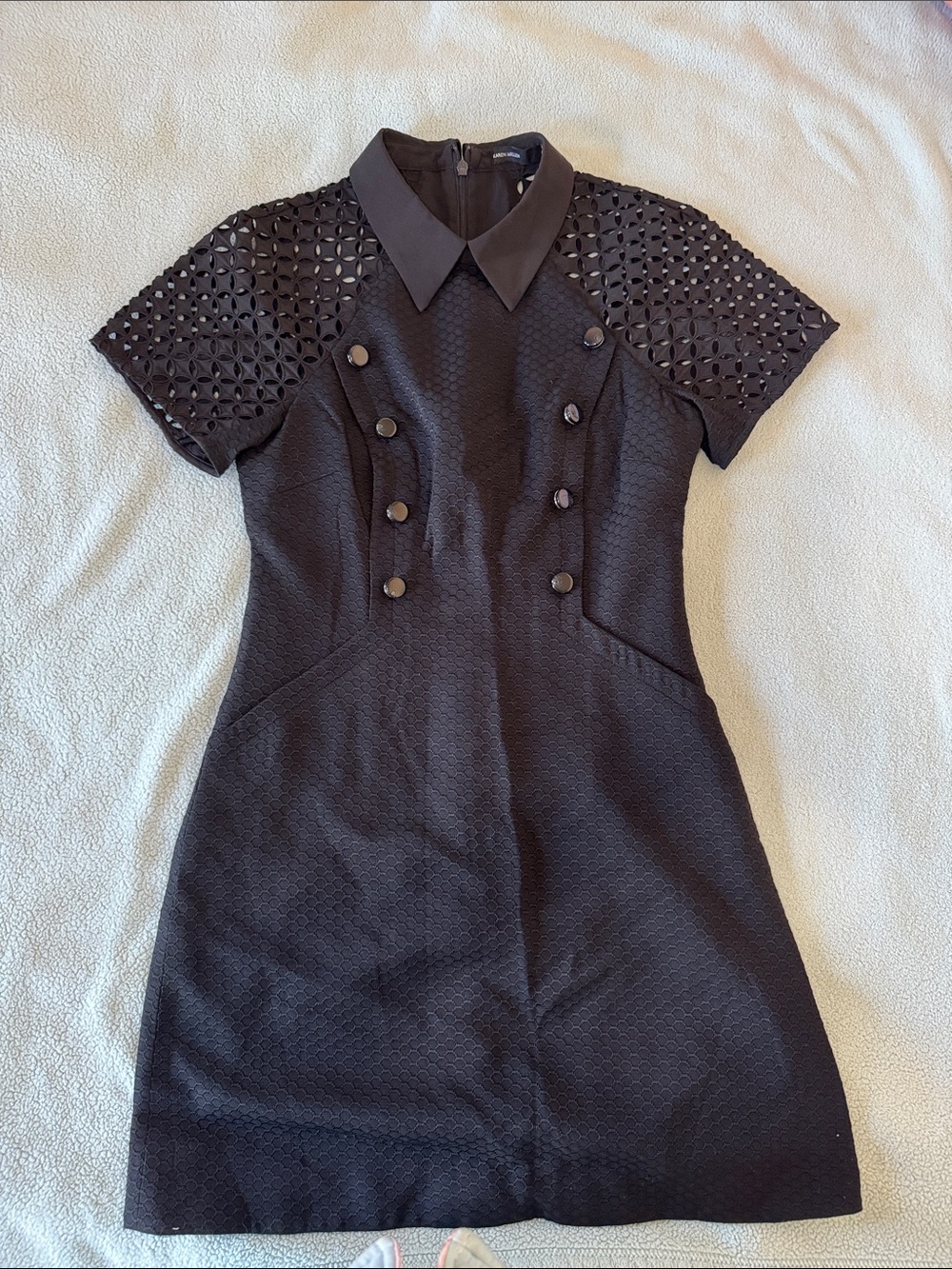 Karen Millen Black Textured A-Line Dress with Eyelet Sleeves